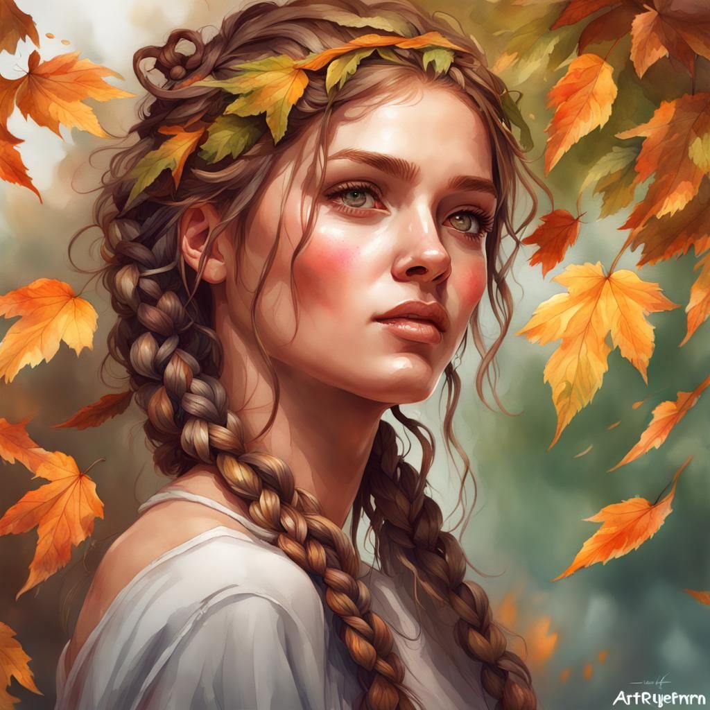 Watercolor Portrait: Girl with Leaves