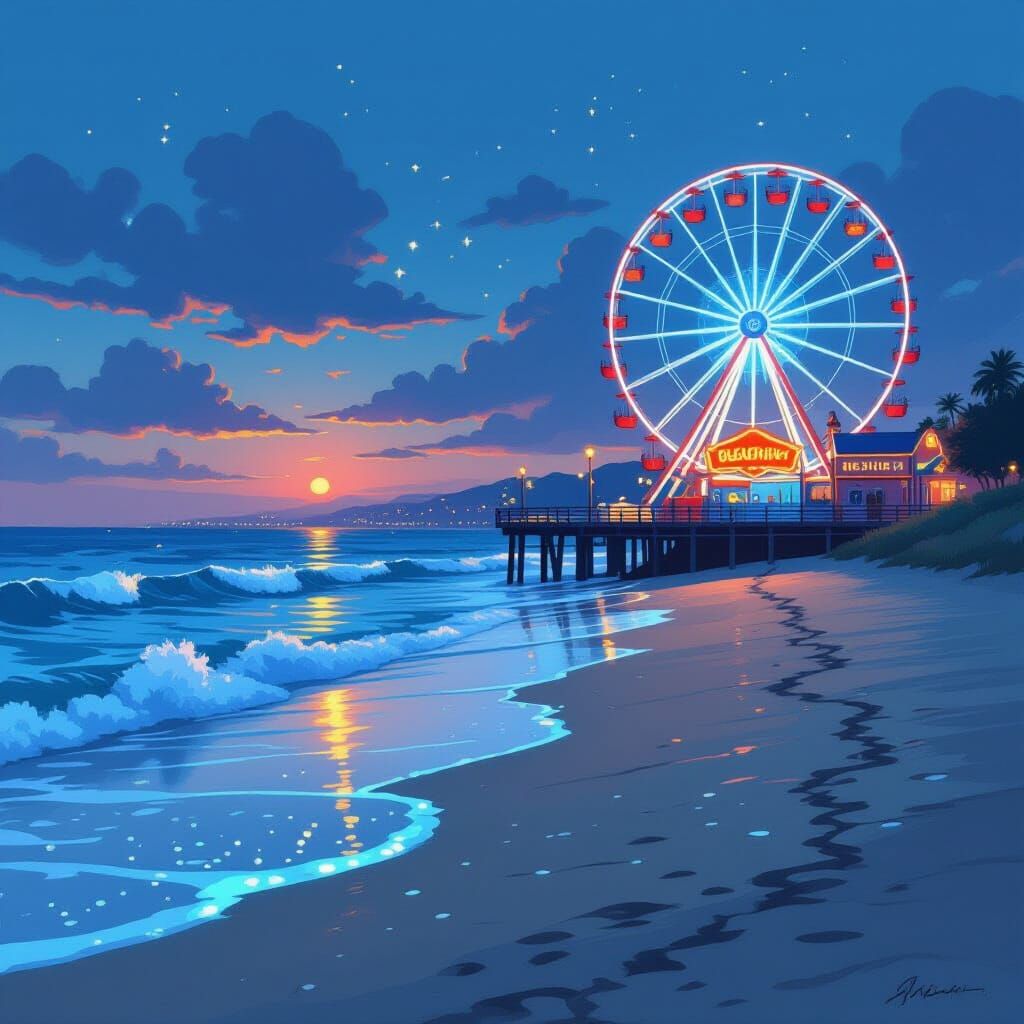 Bioluminescent Shoreline Boardwalk in Gouache Style