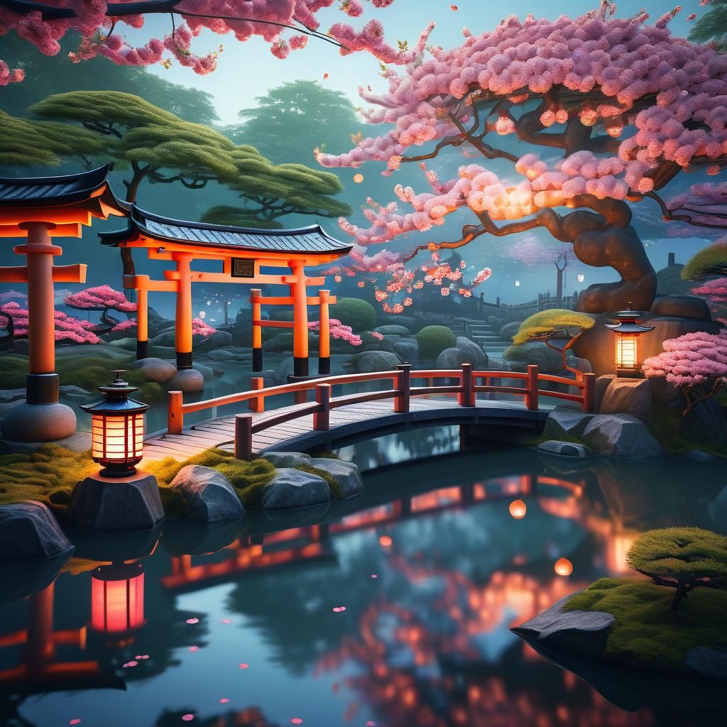 Serene Japanese Garden at Dusk: Fantasy Concept Art