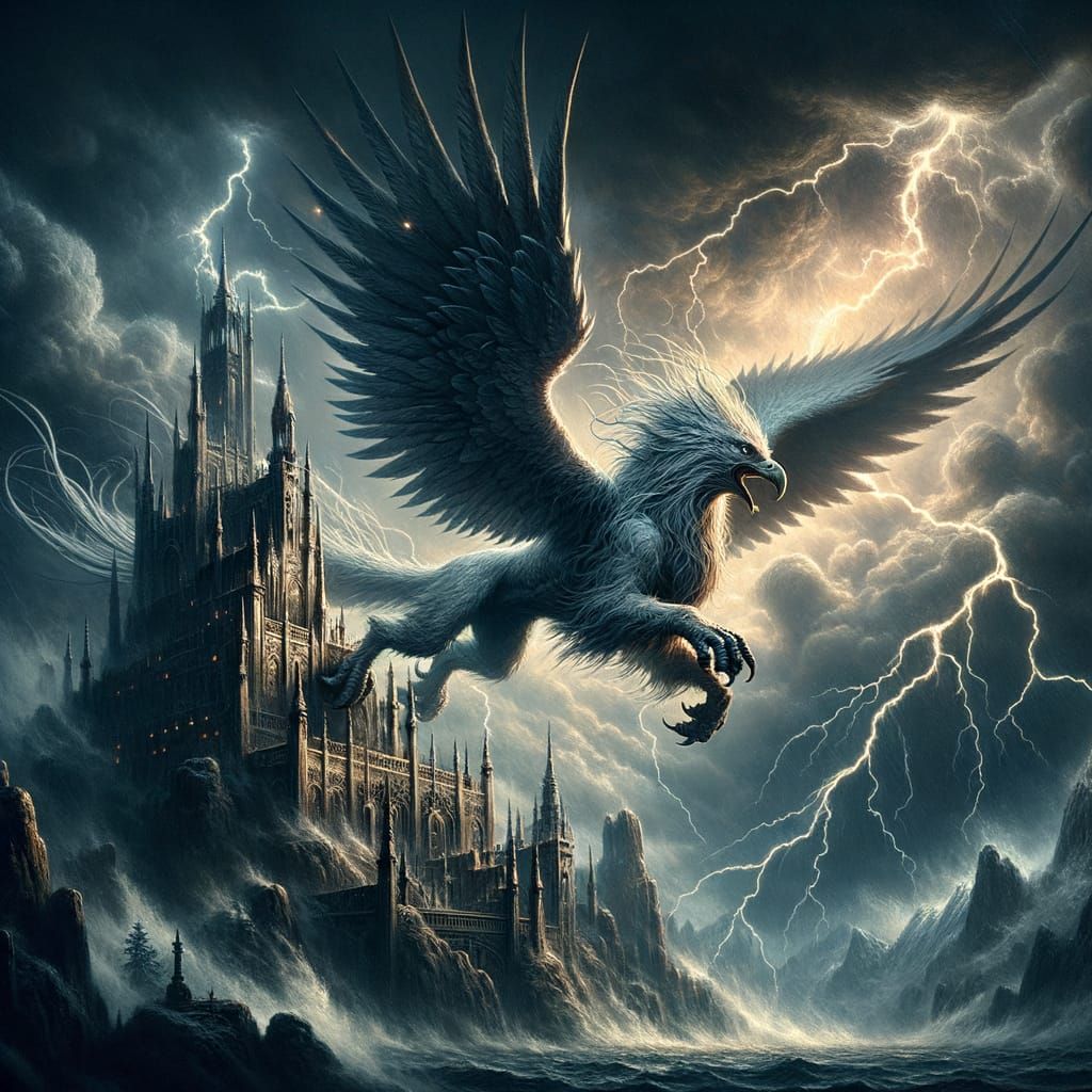 Griffin Soaring Over Gothic Castle, Oil Painting