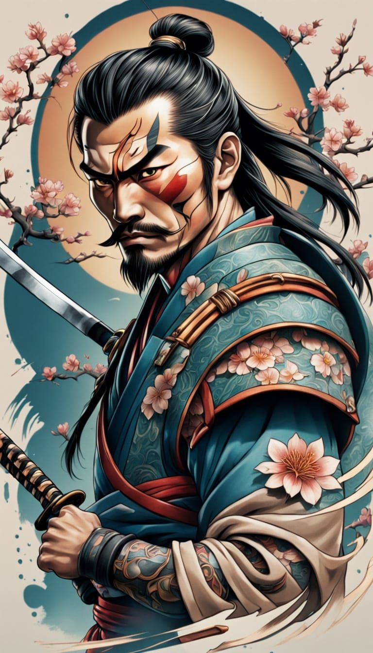 Samurai Warrior Tattoo with Katana in Japanese Style