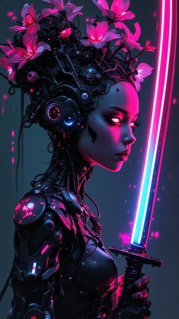 Cyborg Flower-Drum Girl with Neon Katana