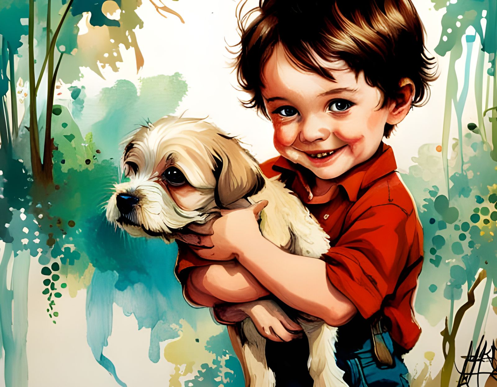 Boy and Puppy with Big Eyes, Detailed Illustration
