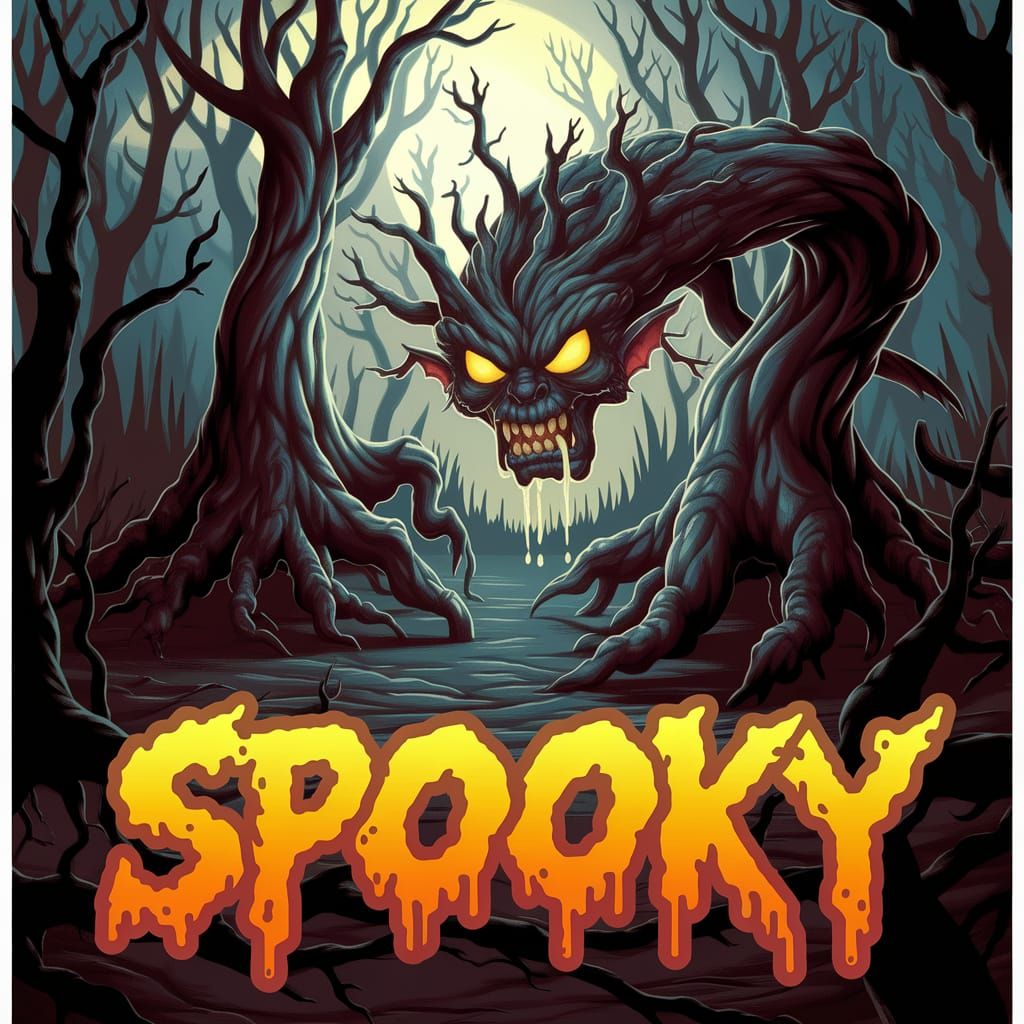 A twisted, gnarled tree monster with glowing yellow eyes, snarling, growling, evil, demonic, fiery eyes, giant fangs dri...