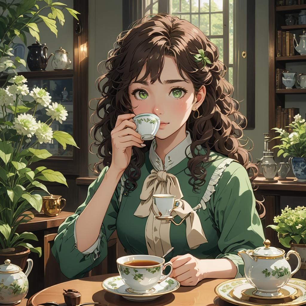 Anime Girl Having Tea, Studio Ghibli Style