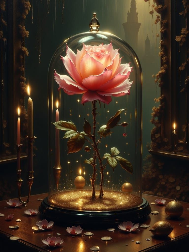 Enchanted Rose Oil Painting in Gothic Setting