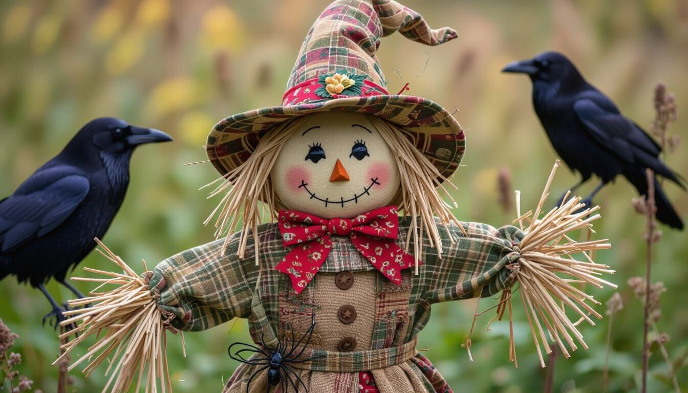 💣🕷🕷Closeup of  whimsical traditional scarecrow in garden🕸🕸🌾🌾ravens🌾🍂🍁🍃