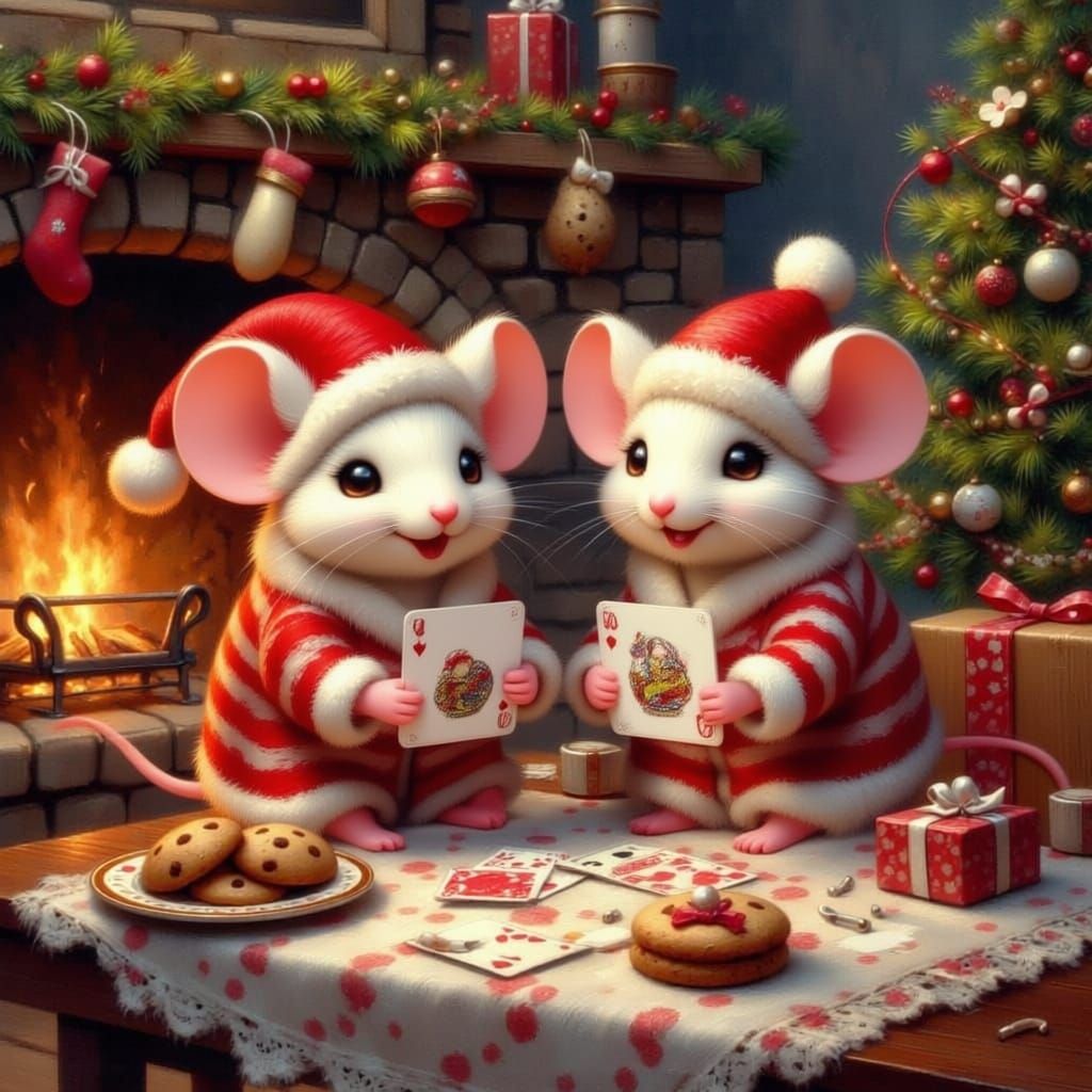 Mice in Pajamas Play Cards Under Christmas Tree