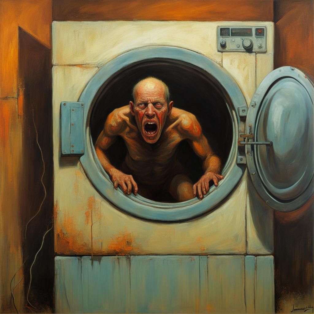 Disturbing Washing Machine Nightmare as Oil Painting