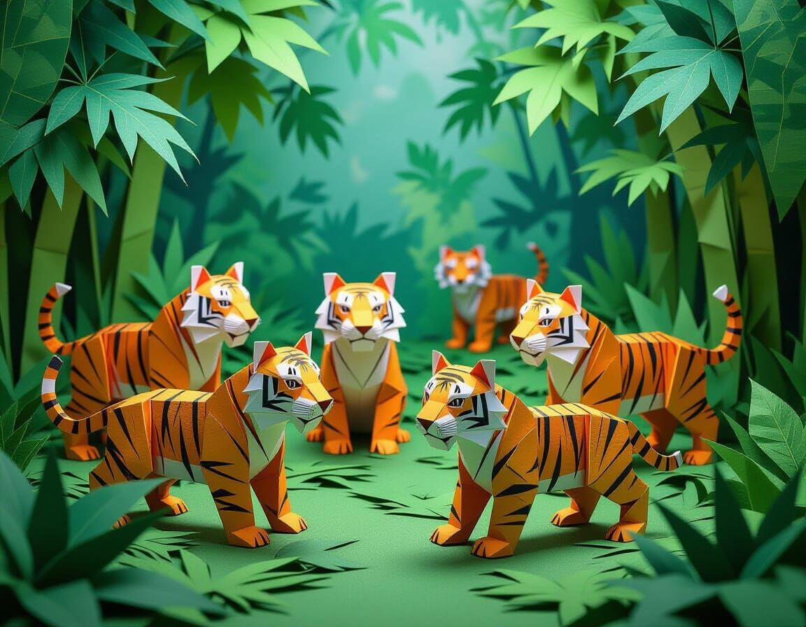 Photorealistic Origami Tigers in a Jungle