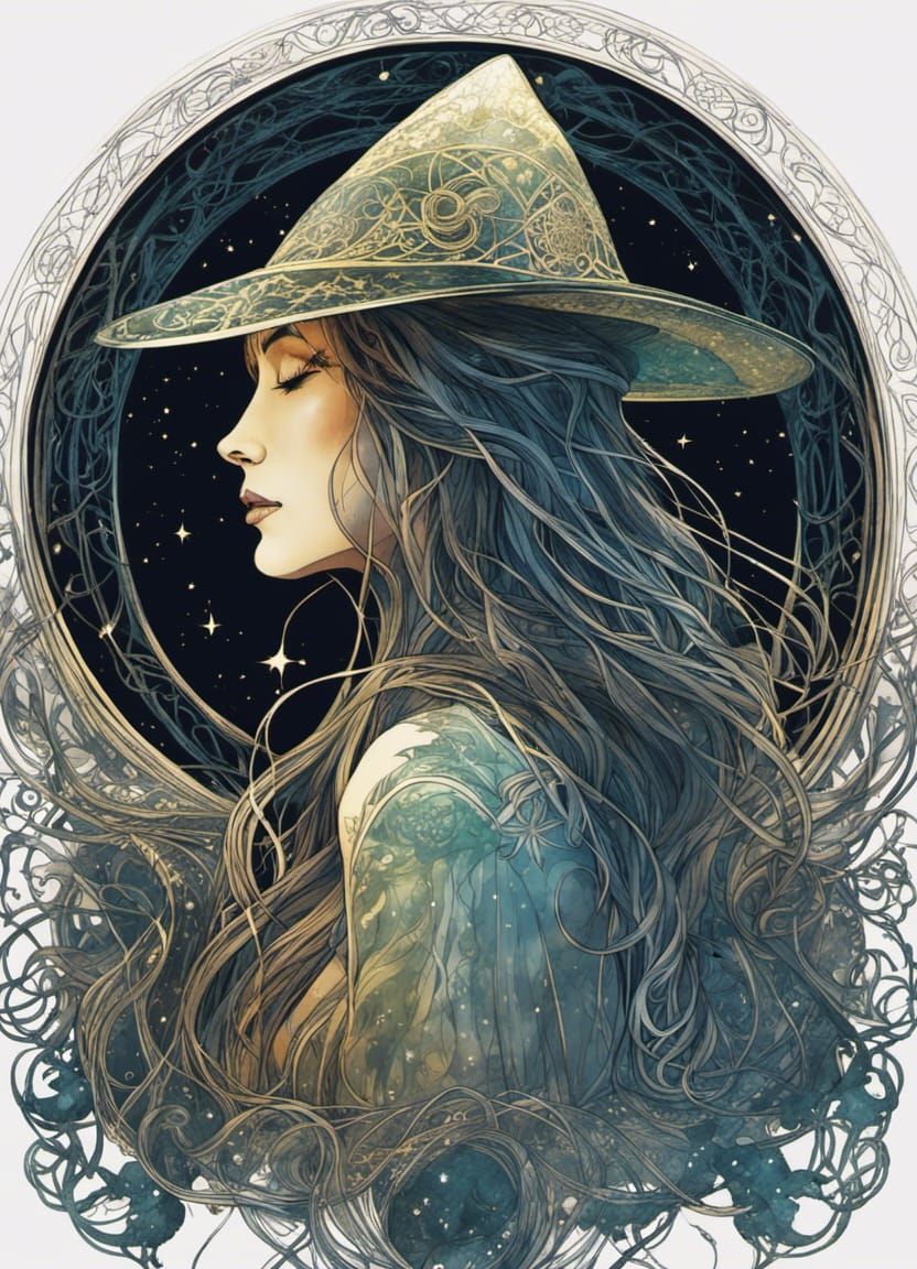 Celtic Witch Silhouette in Starry Celtic Realm