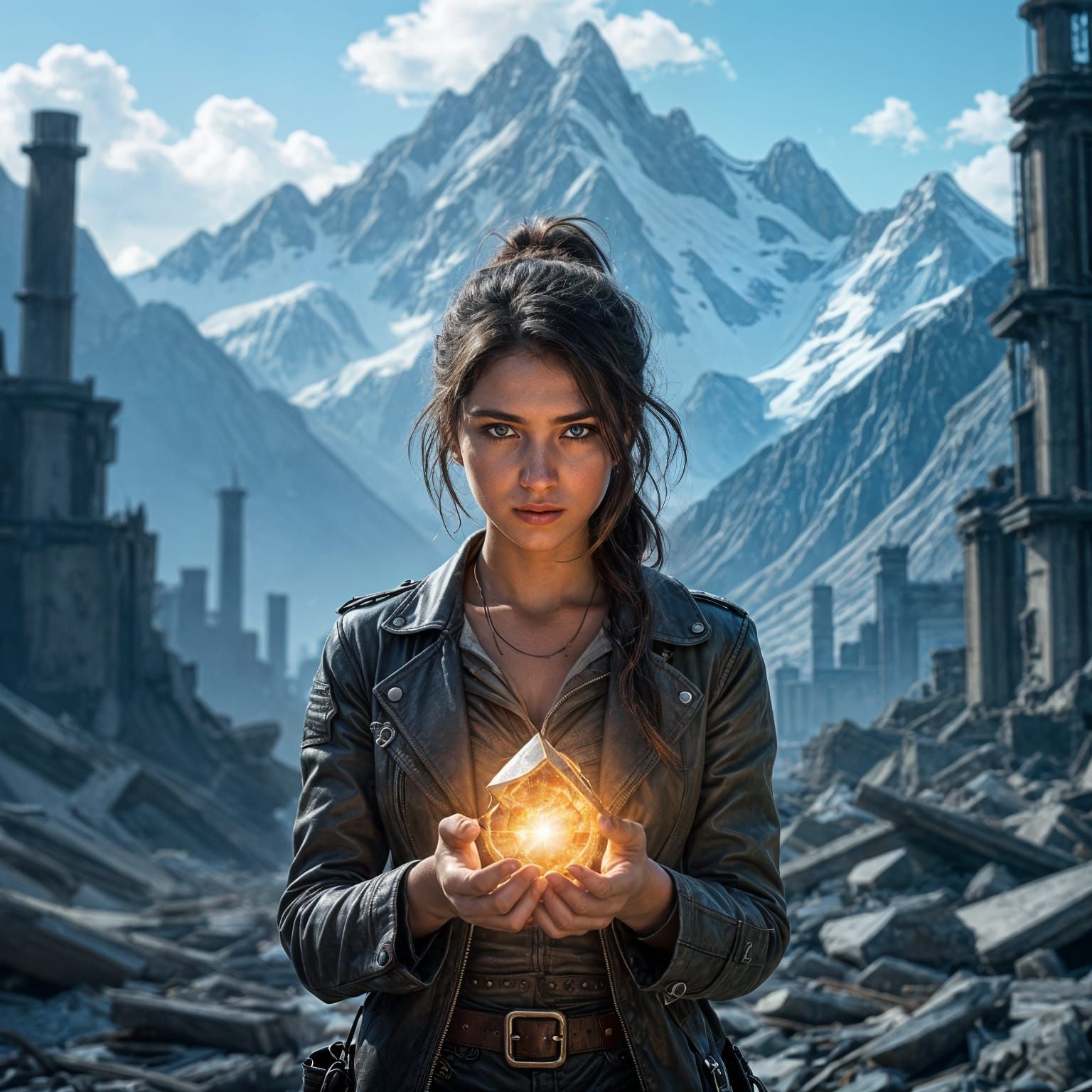 Resilience: Woman in Ruined City, Dark Fantasy Style