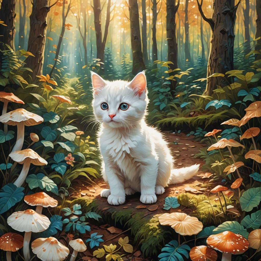Kitten and Mushroom in Whimsical Forest Art