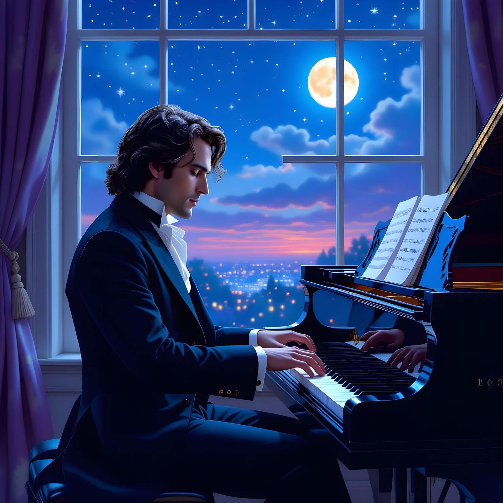 Chopin at Piano Under Starry Night, Hyperrealistic Style