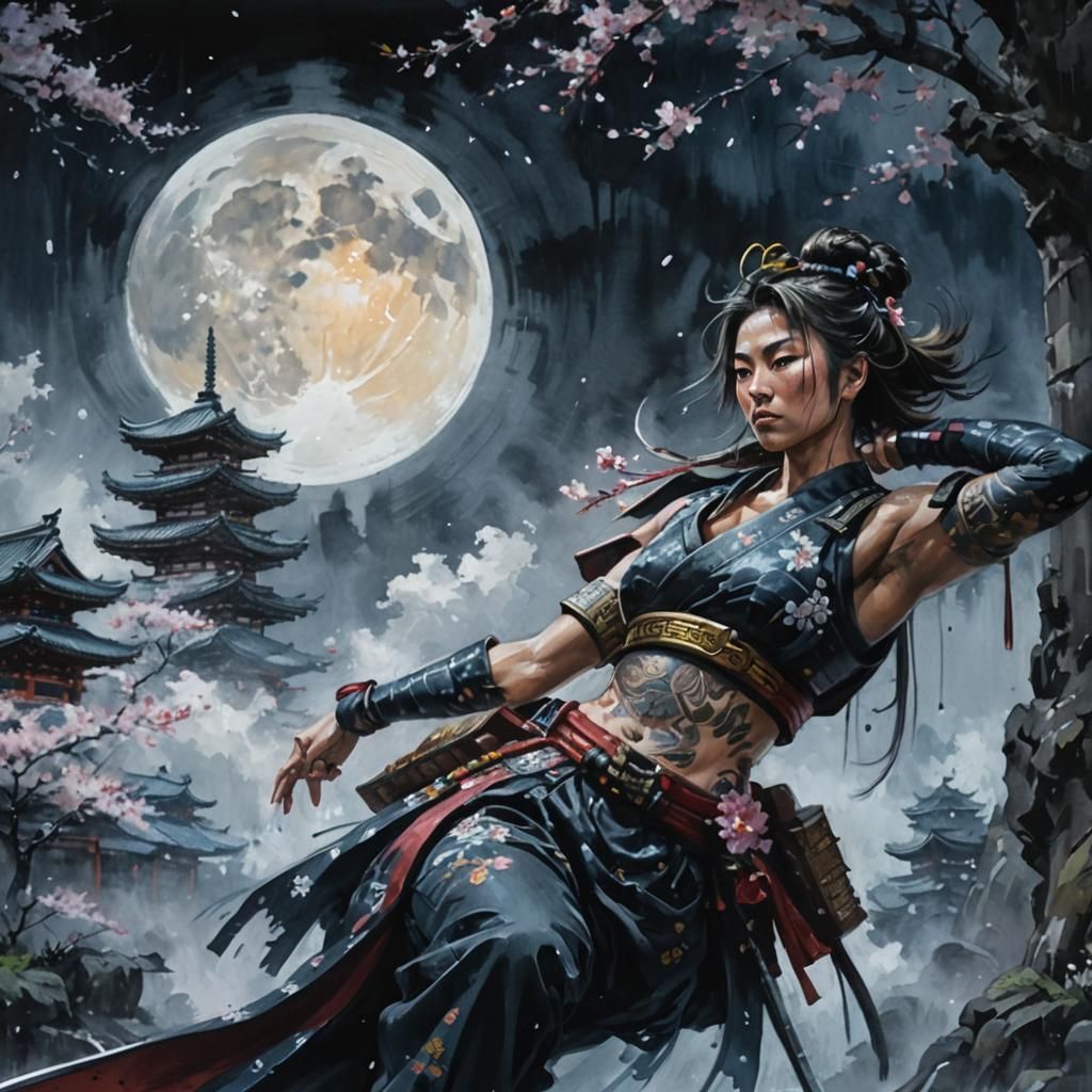 Muscular Samurai in Gouache Style Japanese Temple