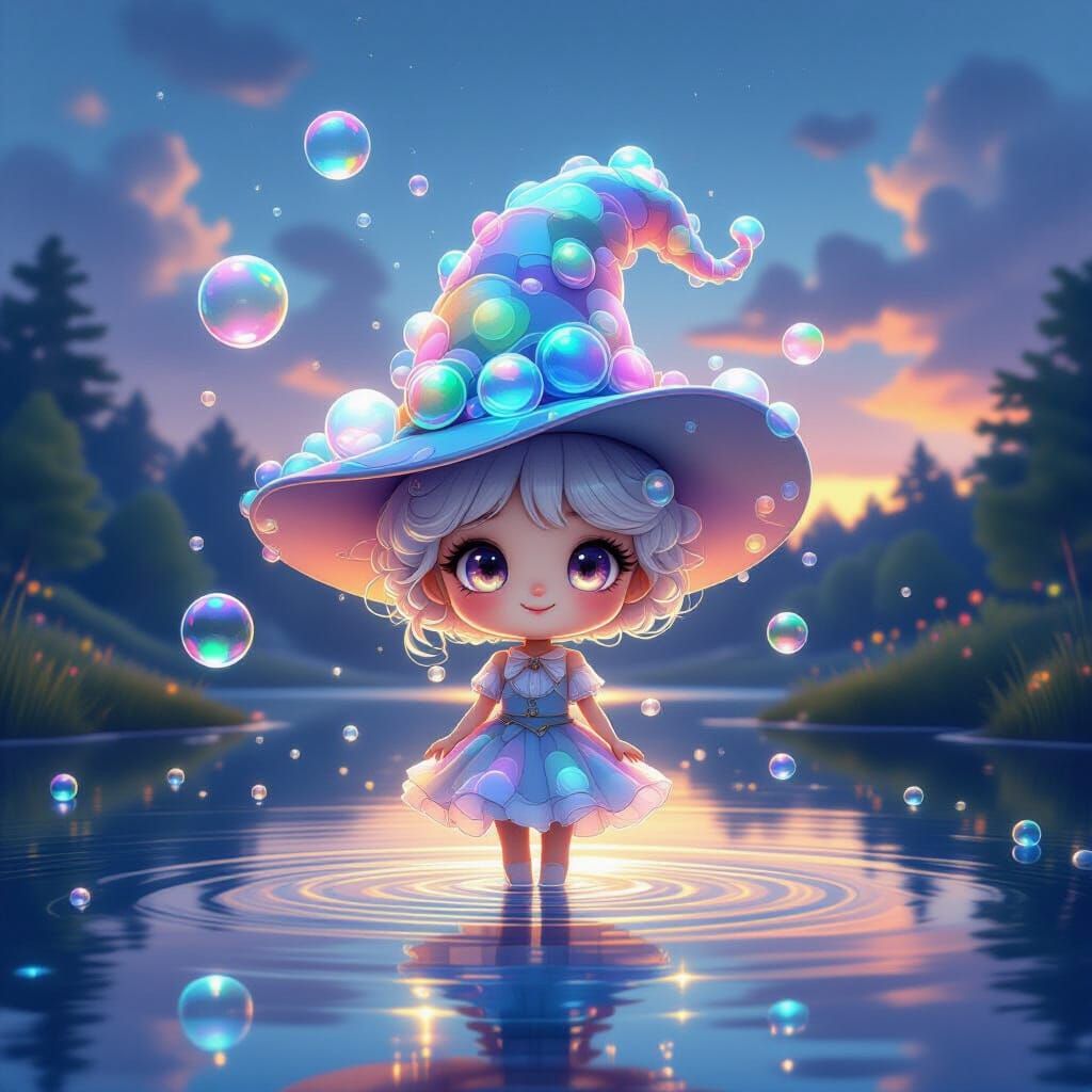 Whimsical Character with Soap Bubble Hat Floating Over Lake