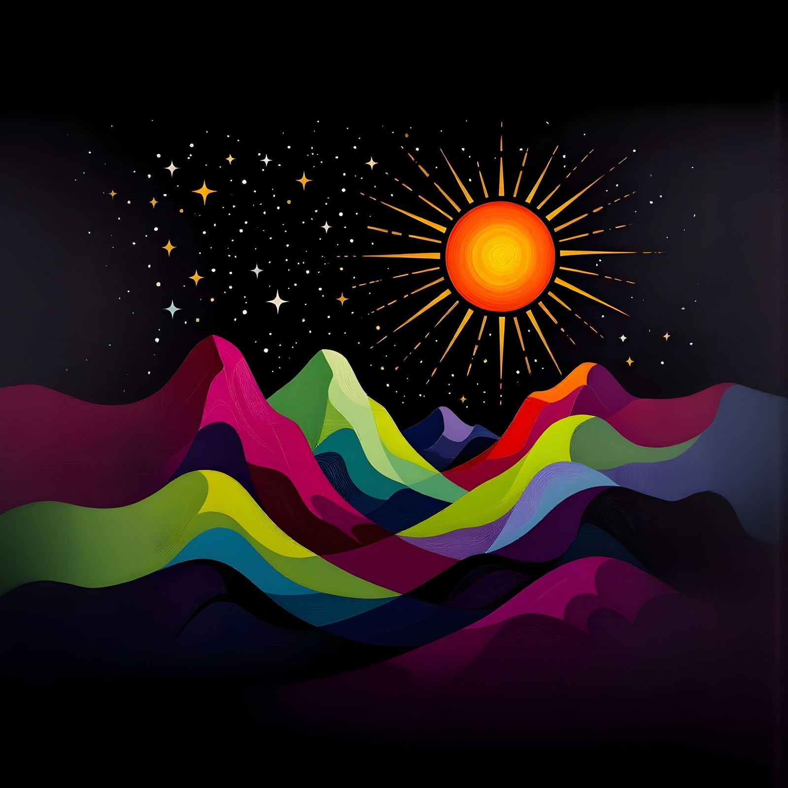 Abstract Mountains with Radiating Sun and Starry Night