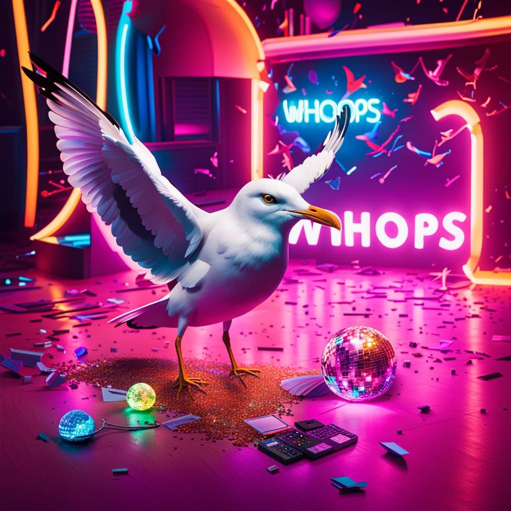 Neon Party Scene with DJ Seagull and Broken Disco Ball