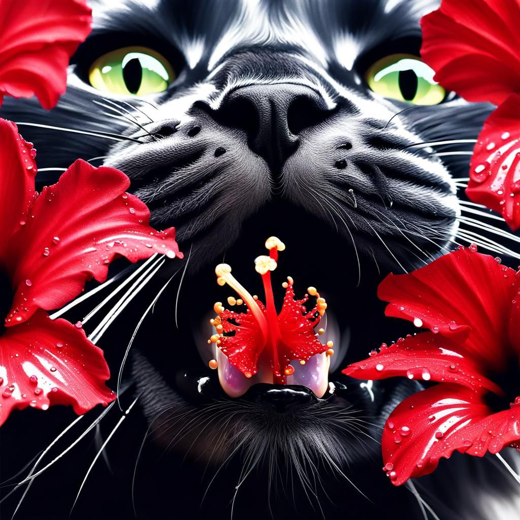 Black Cat Drinks Dew from Hibiscus Flower