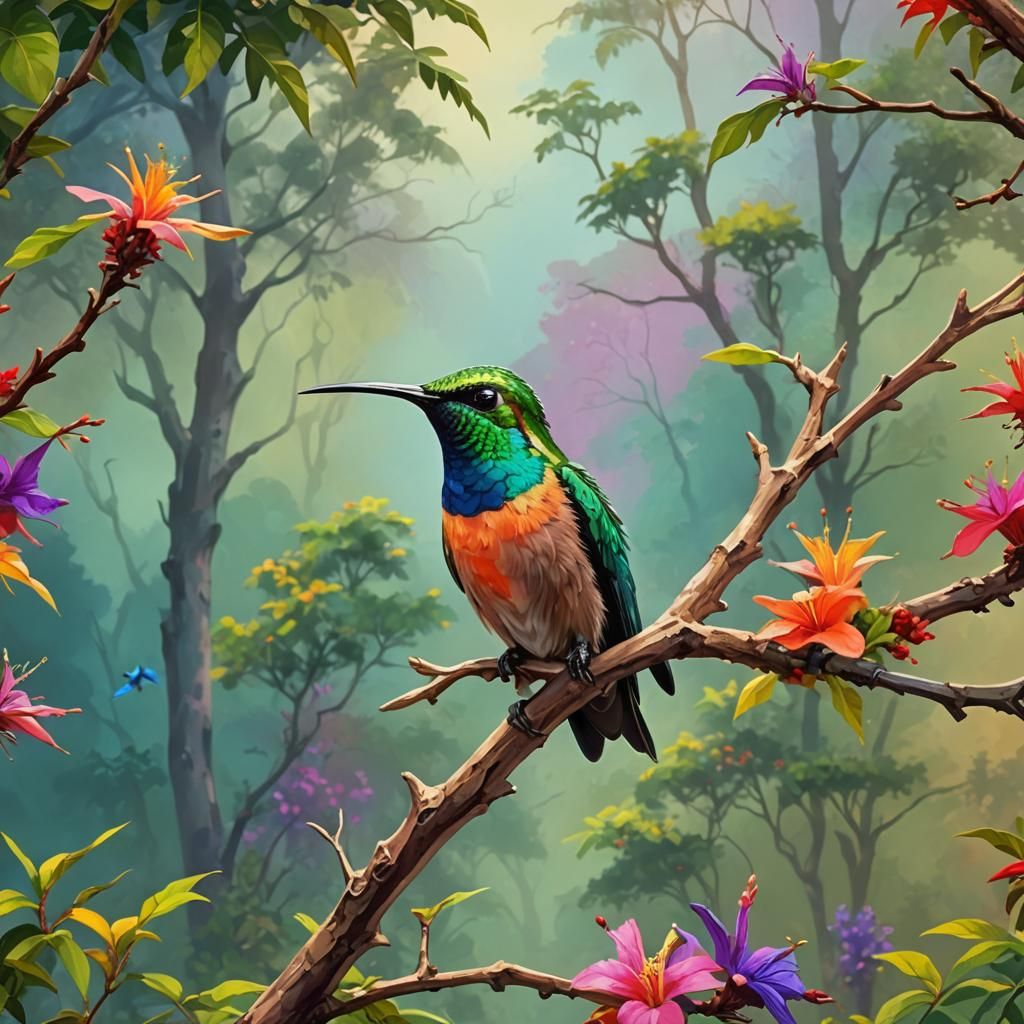 Vibrant Hummingbird in Digital Landscape Painting