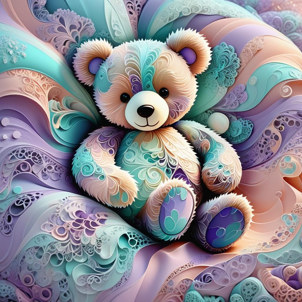 Fractal Teddy Bear in Bed with Zentangle Fur
