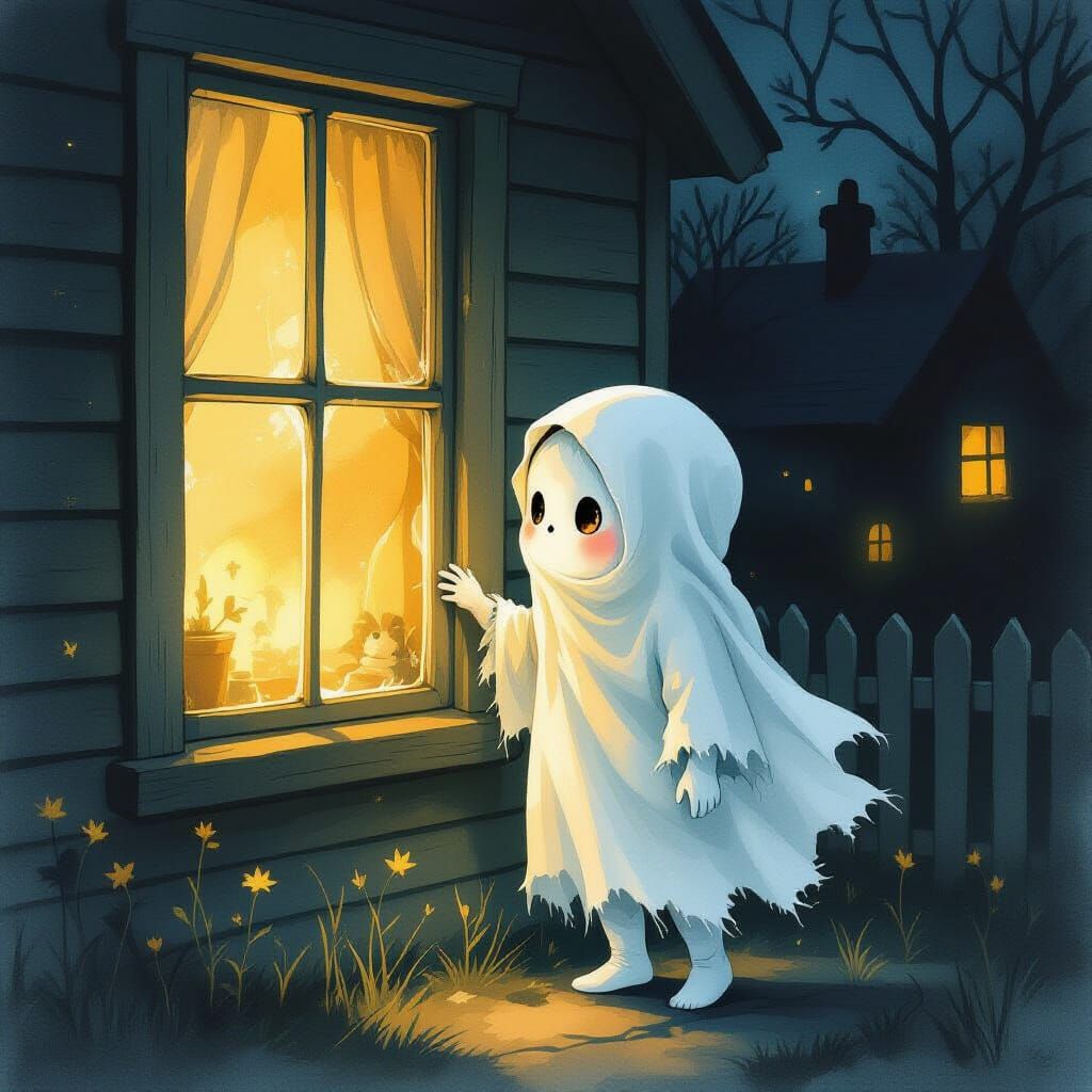 Ghost Child Peeks Into Cozy Home, Watercolor Style