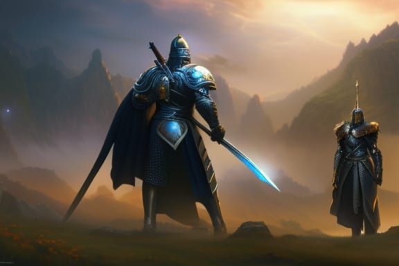 Heroic Knights in Green Field, Dark Fantasy Art