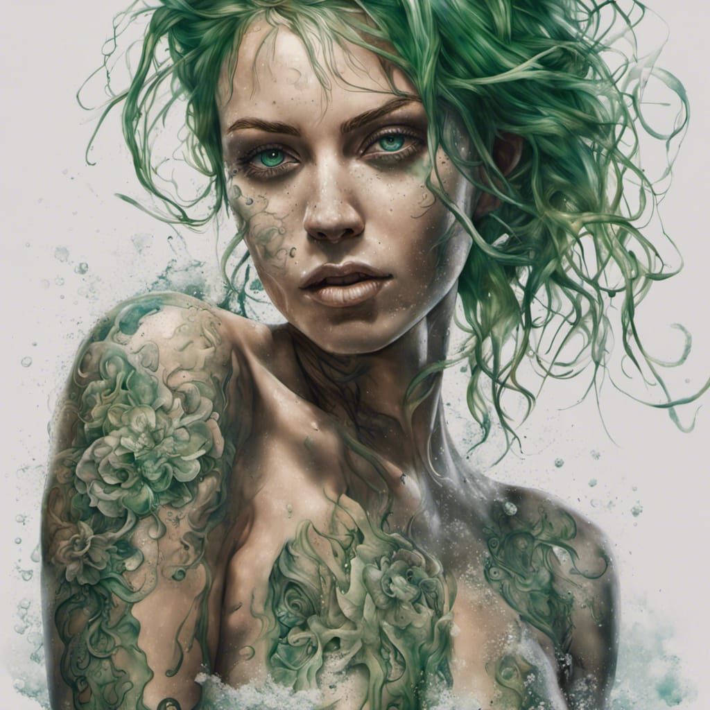 Tattooed Woman on Beach in Splash Art Style