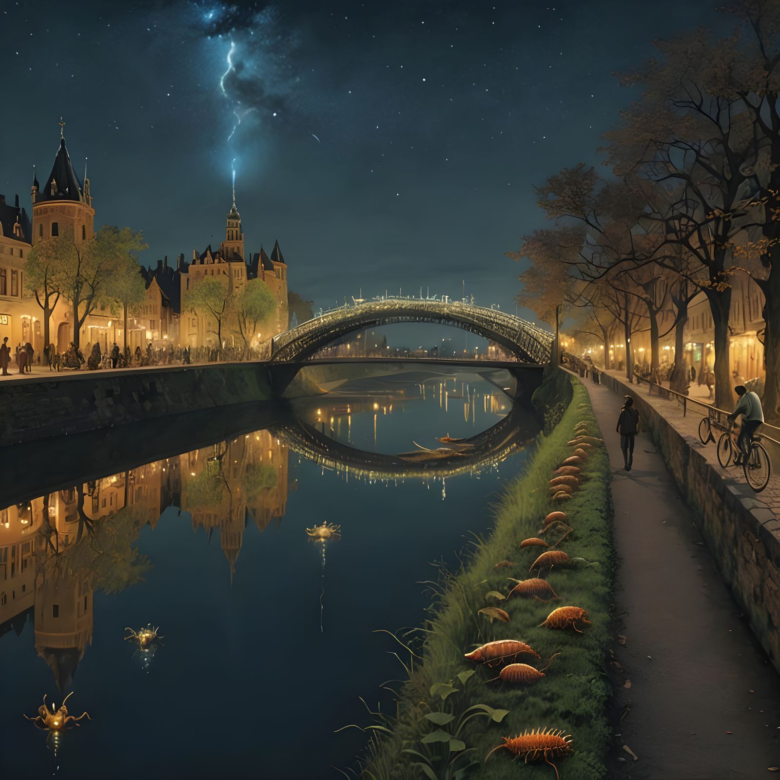 Surreal River Scene with Drifting Space Debris