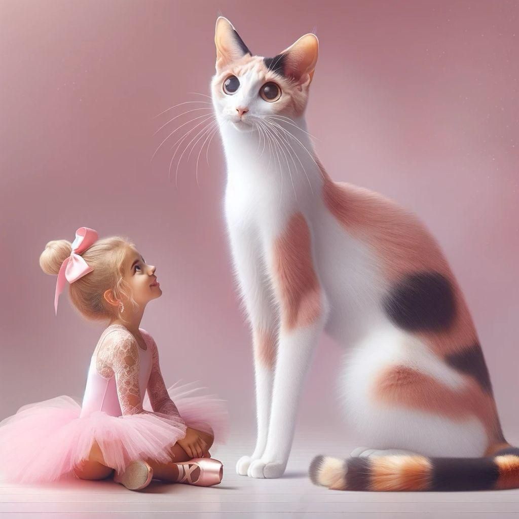 Girl and Oversized Calico Cat in Dreamlike Setting