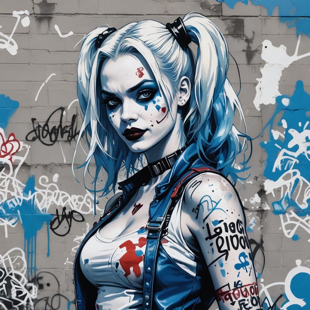 Harley Quinn Graffiti Art in Blue and White