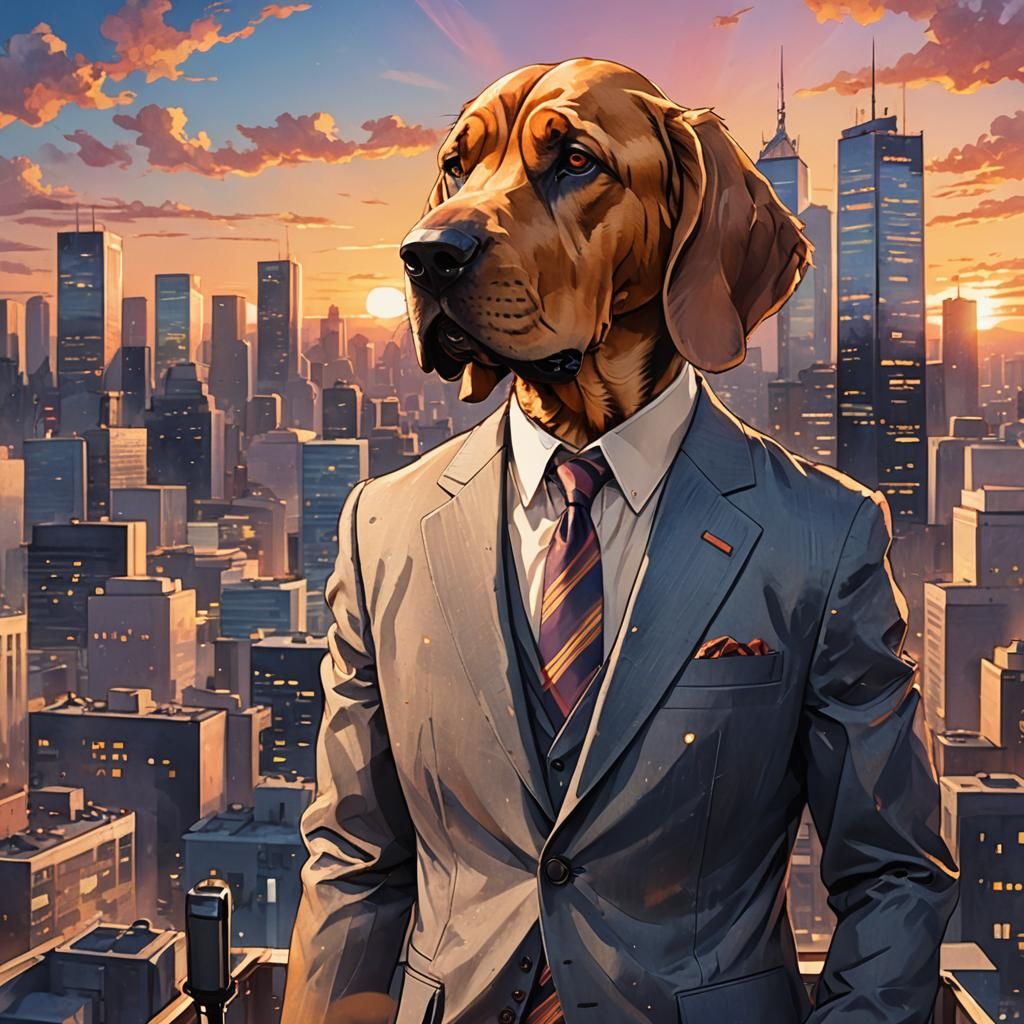 Anime Bloodhound Reporter Against City Skyline Sunset
