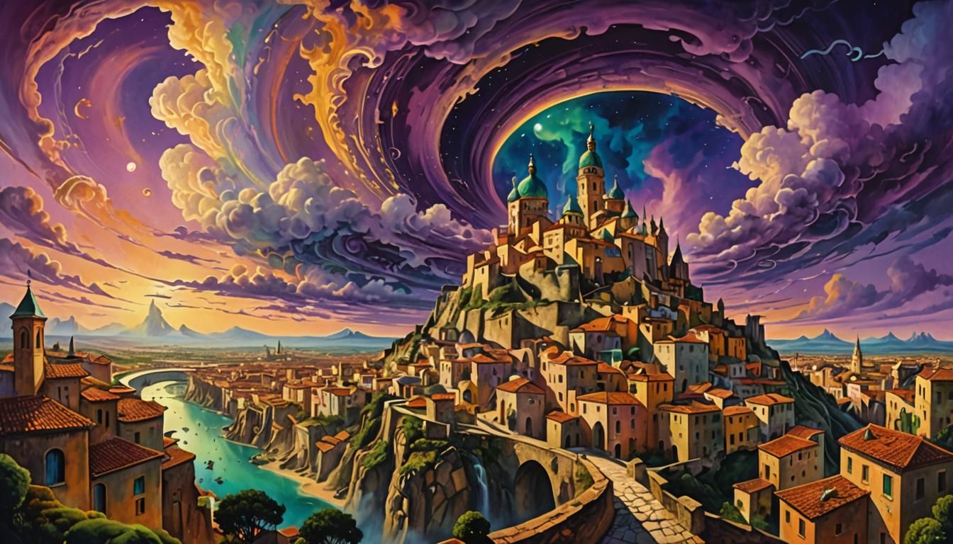 surreal  spiral psychedelic sky,  ancient city, storybook,