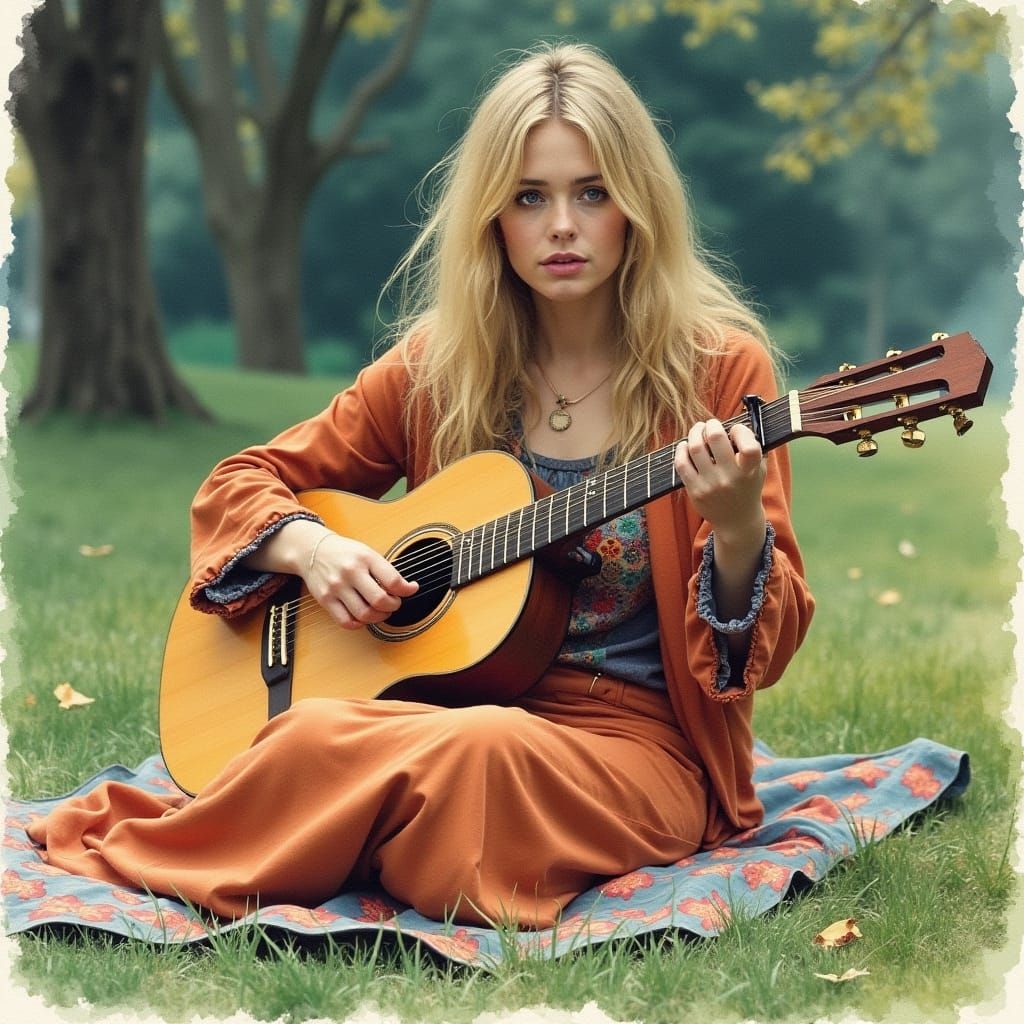 Enigmatic Hippie Woman in Watercolor Horror