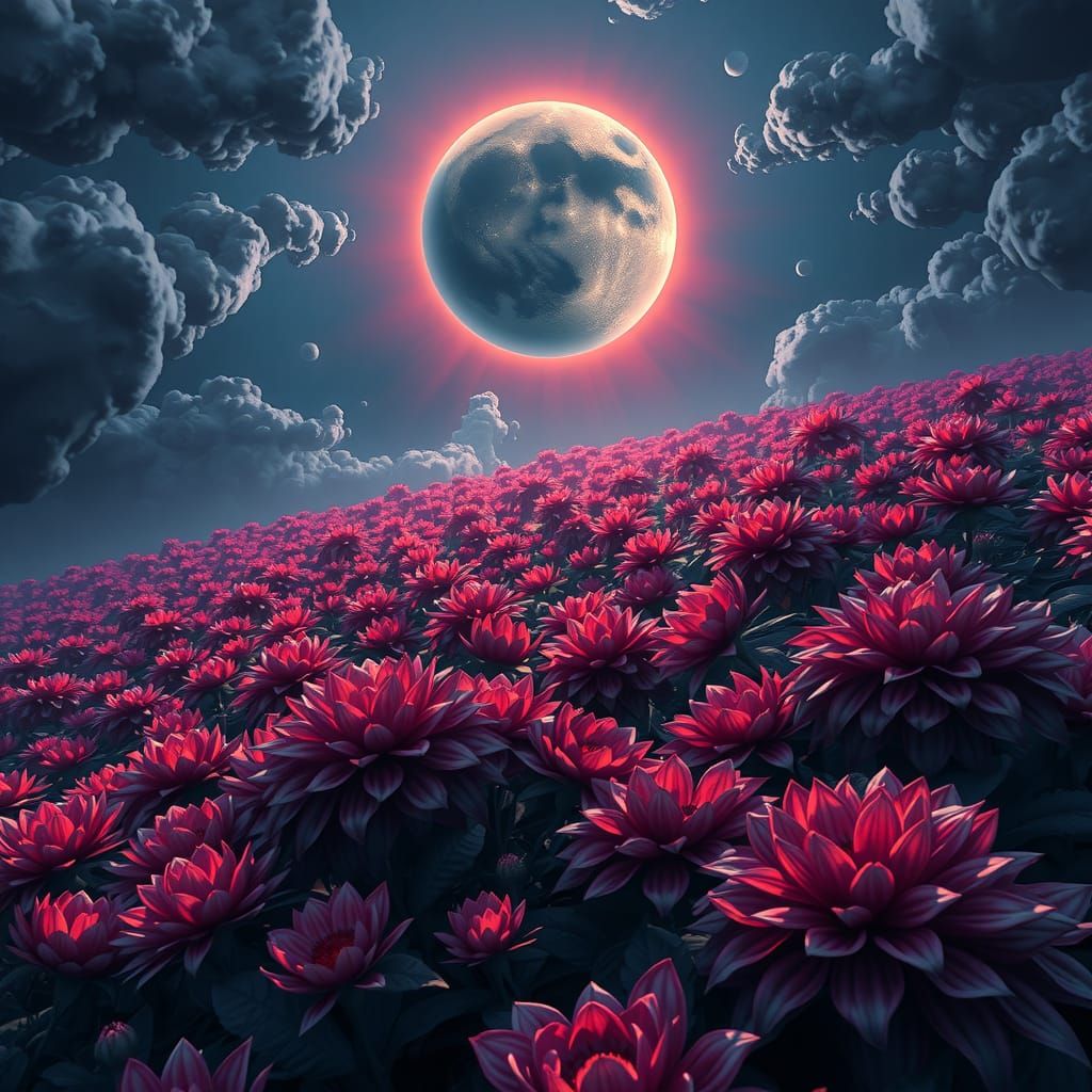Ethereal Black Sun Illuminates Fantasy Flowerbed
