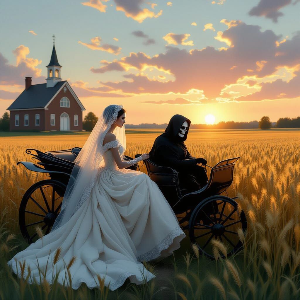 Ethereal Carriage Ride with Death in Dreamlike Scene