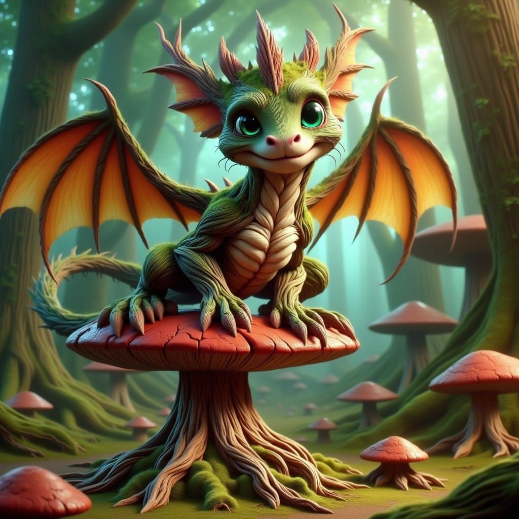 Playful Baby Dragon on Toadstool, Whimsical Illustration