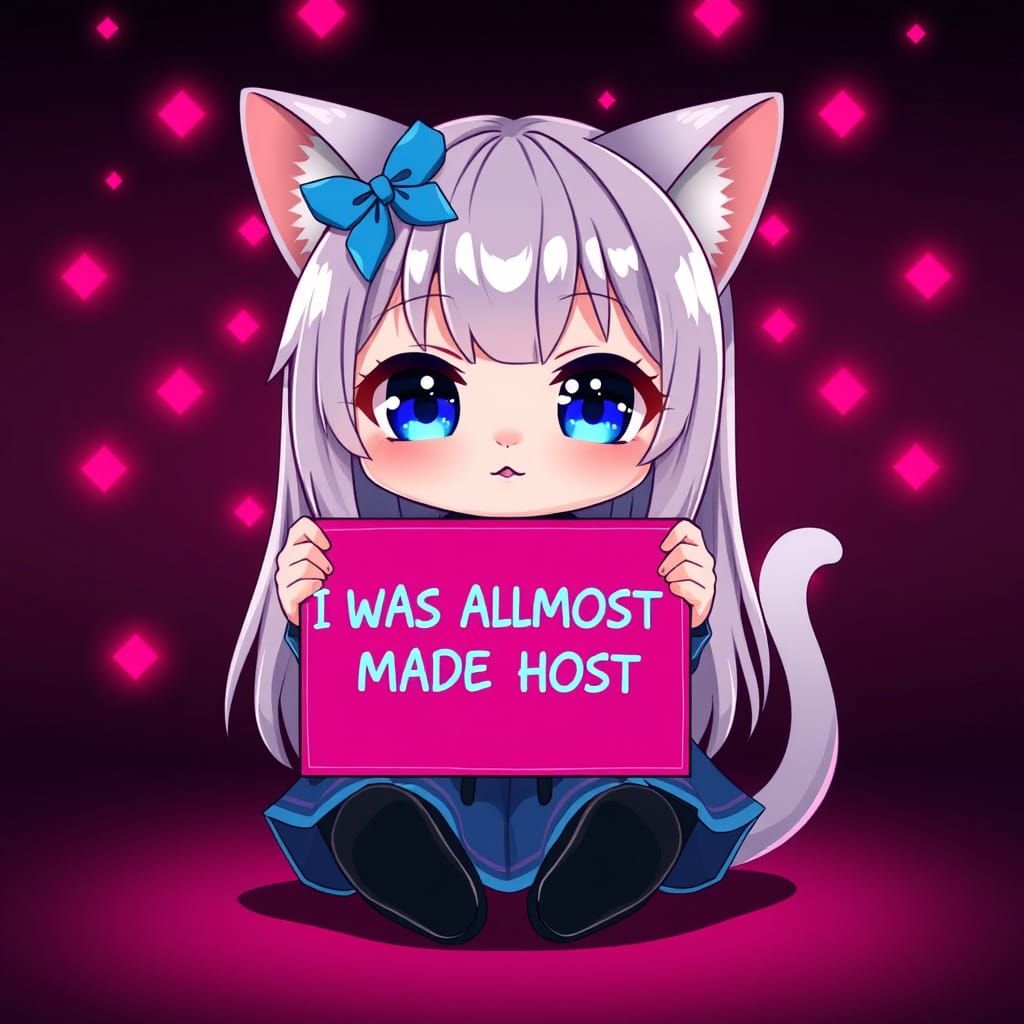 Adorable Synthwave Catgirl with Kawaii Eyes and Fuchsia Pane...