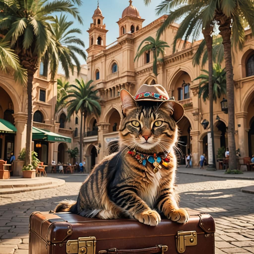 Cat Traveler in Exotic City: Vintage Travel Poster