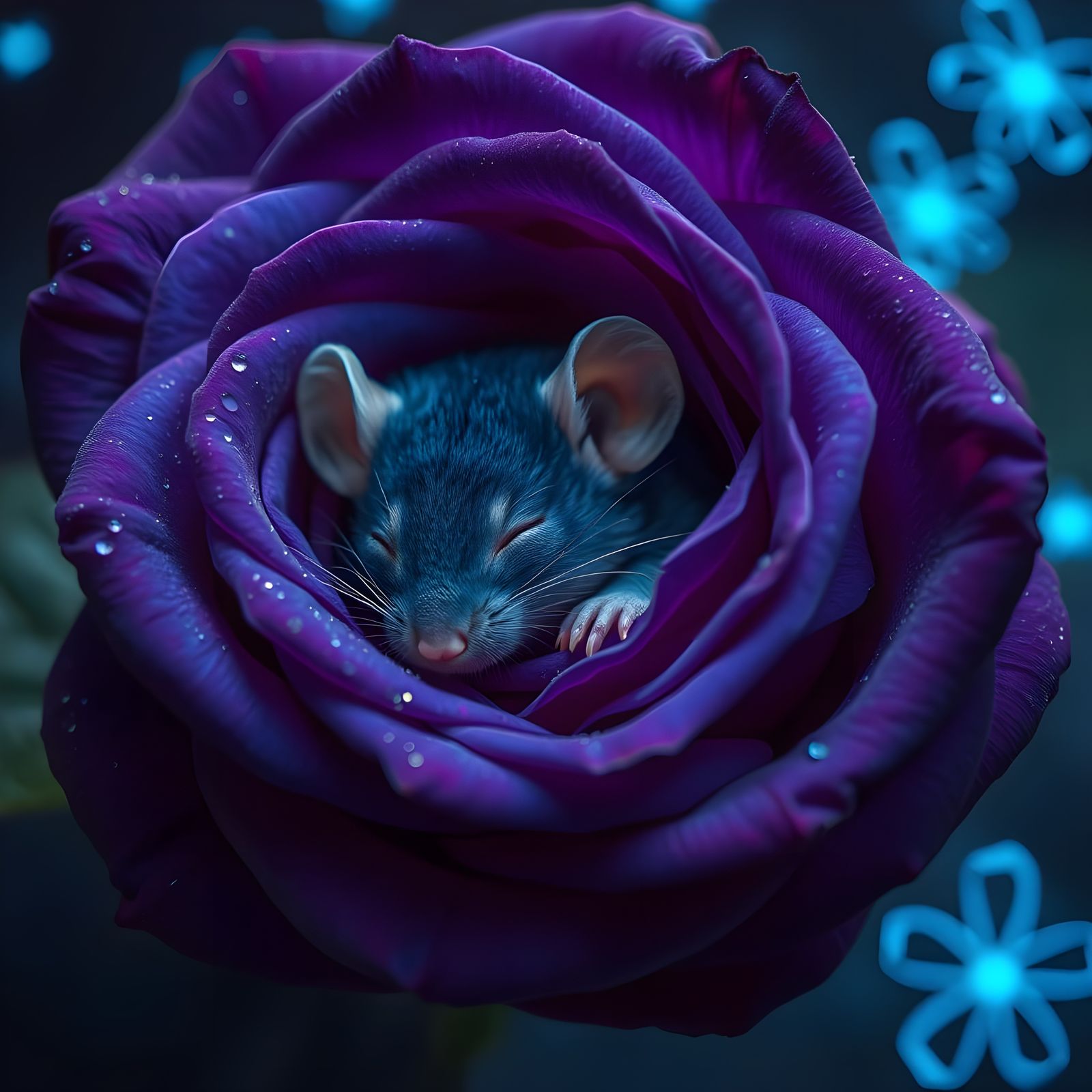 Cute Blue Mouse Sleeping in Blue Rose