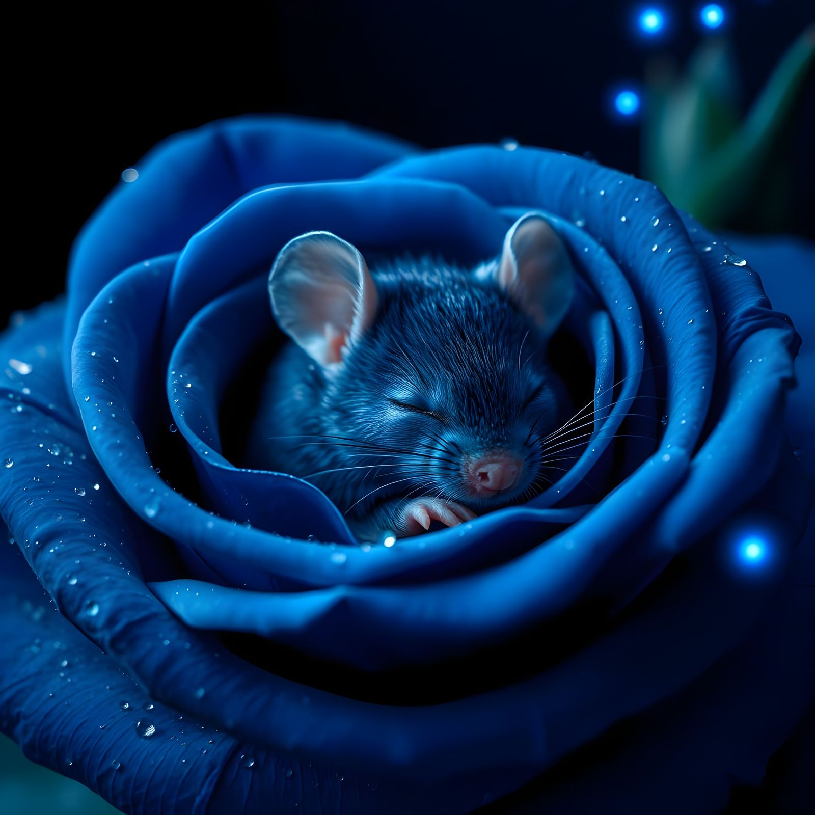 Sleeping Blue Mouse in Blue Rose with Fireflies