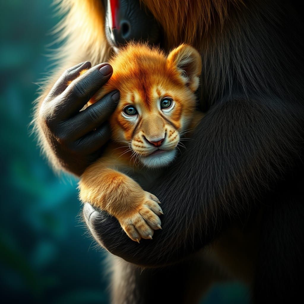 Lion Cub Held by Mandrill in Dreamlike Jungle