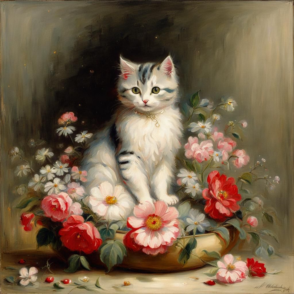 Cat with Flowers in Art Nouveau Style
