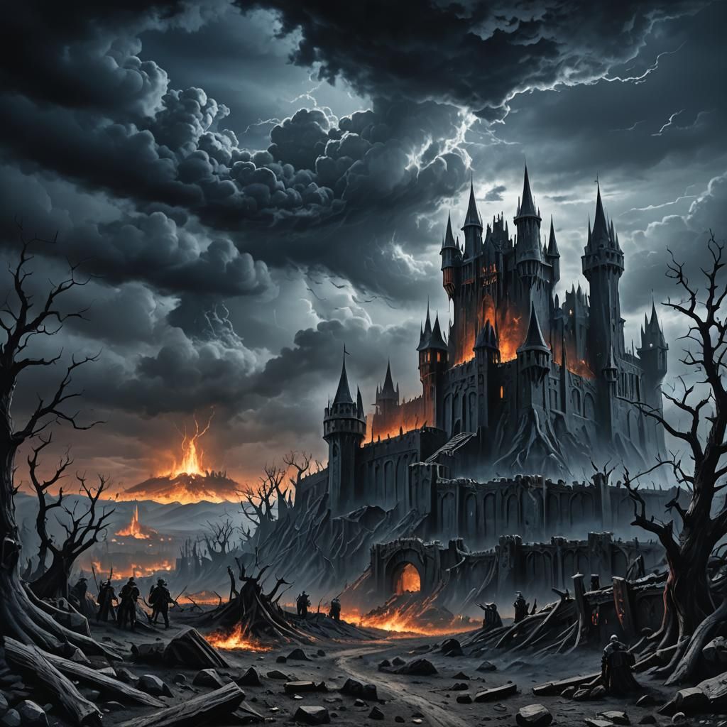 Mordor's Infernal Castle Under Siege at Night