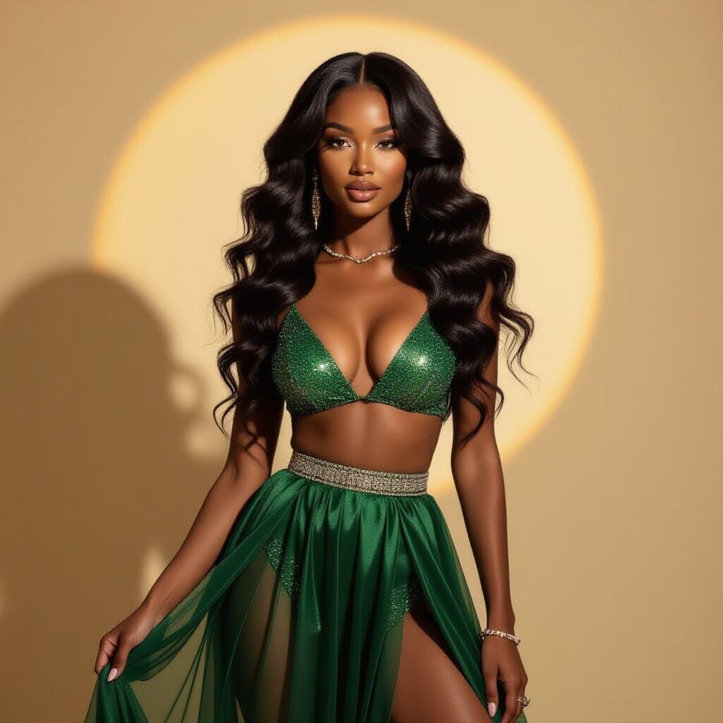 Black Woman's Soft Glam Editorial in Emerald Green