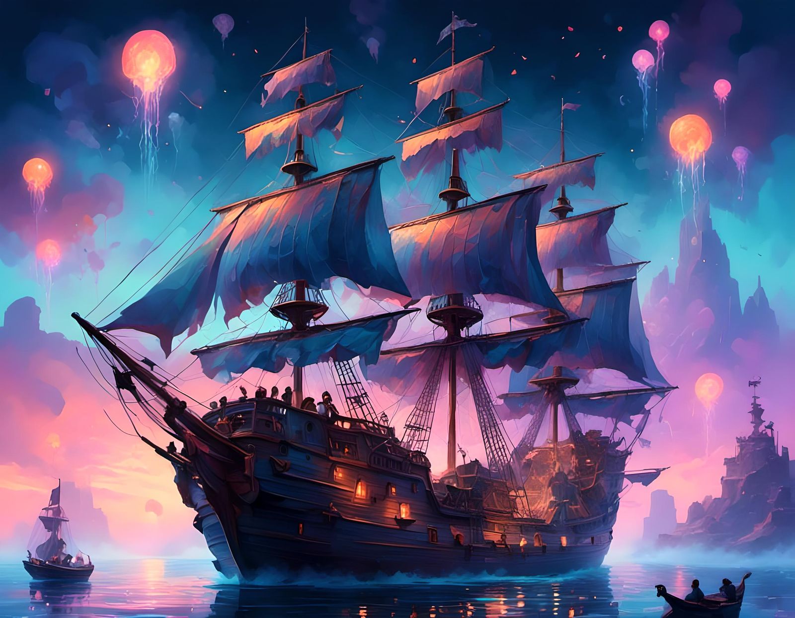 Ethereal Pirate Ship in Synthwave Sunset