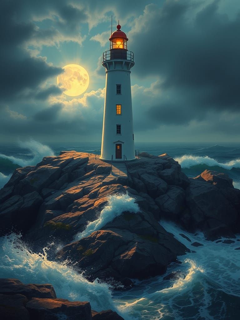 Moonlit Lighthouse on Rocky Coast in Realistic Landscape Sty...