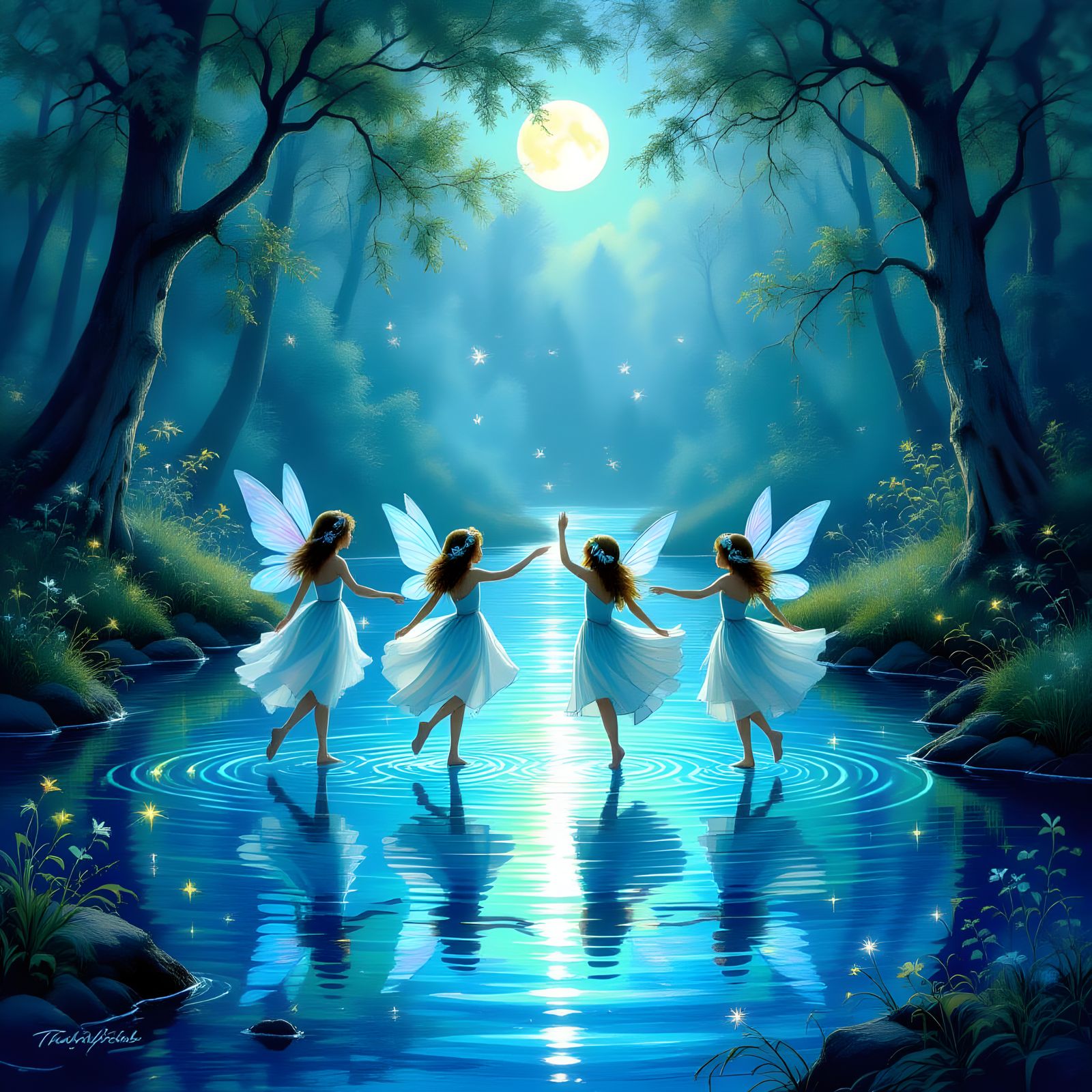 Pixies Dancing on Magical Lake in Moonlight