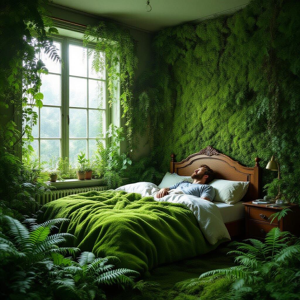 Surreal Bedroom Forest: A Dreamlike Overgrown Scene