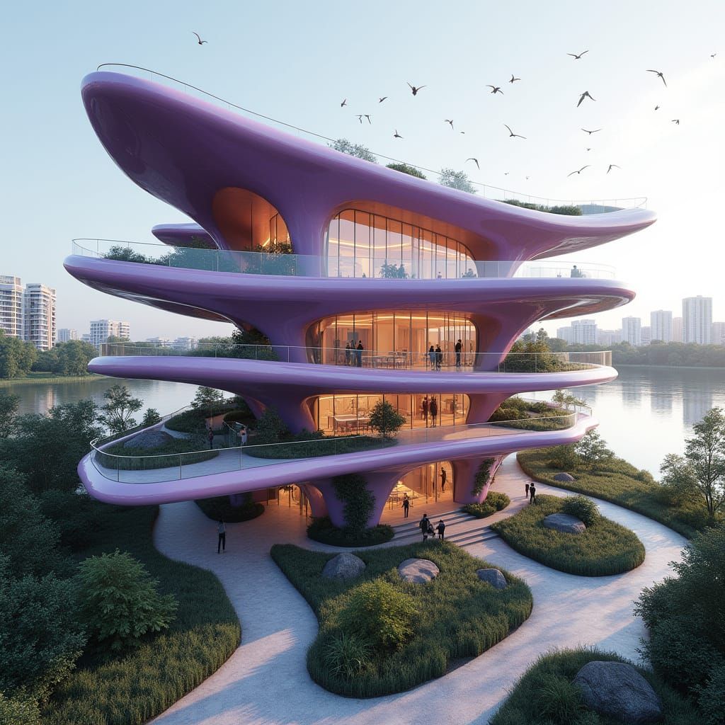 Surreal Flower-Shaped Futuristic Building in Cyberpunk Style